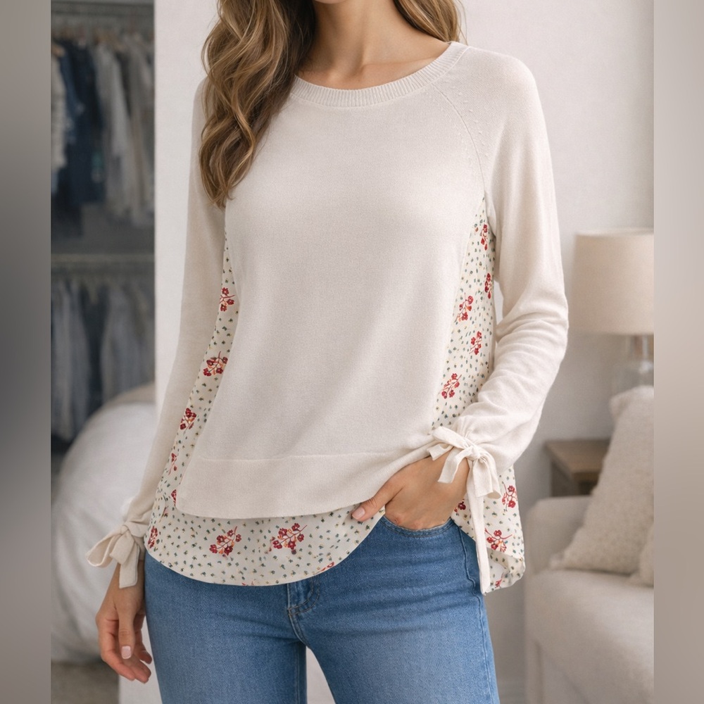 Cream Sweater with Floral mixed media back and bow sleeve details.